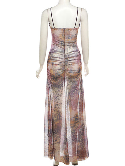 Back view of sleeveless halter neck long dress
