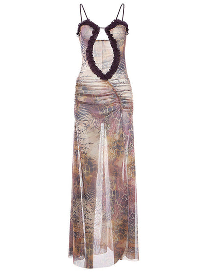 Full view of digital print backless long dress
