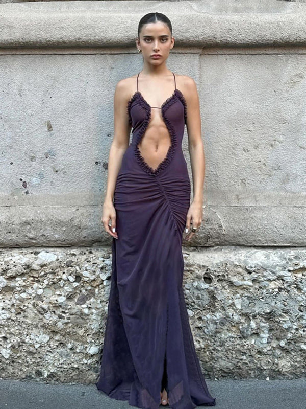 Sophisticated purple sleeveless backless dress