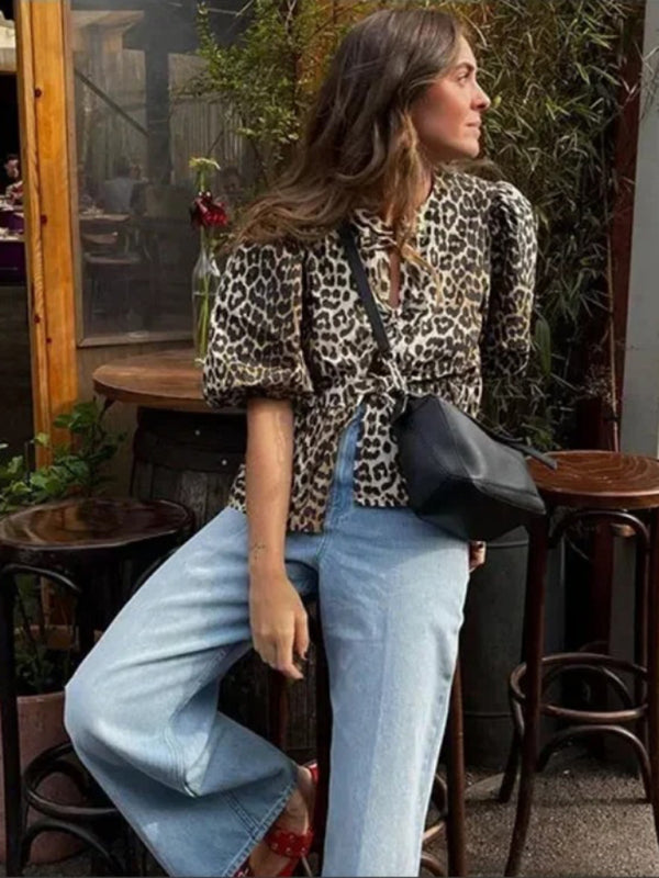 Trendy leopard print top with puff sleeves and lace-up
