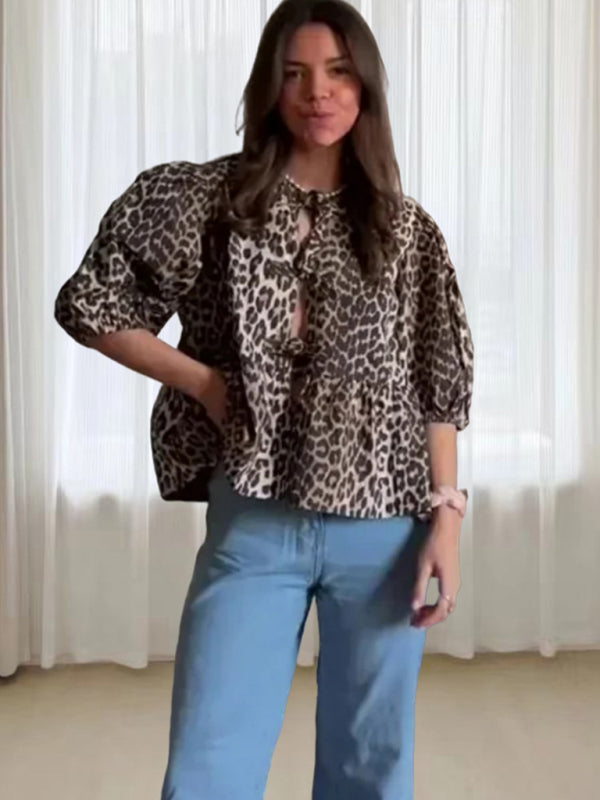 Chemise à manches bouffantes et imprimé léopard pour femmes, haut décontracté à la mode, ajouré à lacets 