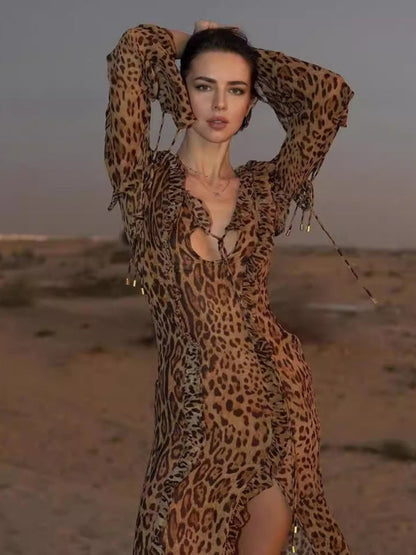 Leopard print long dress with ruffled slit in desert setting