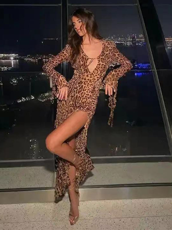 Leopard print long skirt with ruffled slit and sleeves, night view