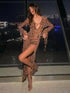 Leopard print long skirt with ruffled slit and sleeves, night view