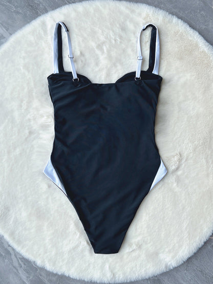 New bikini deep V stitching contrast color one-piece swimsuit