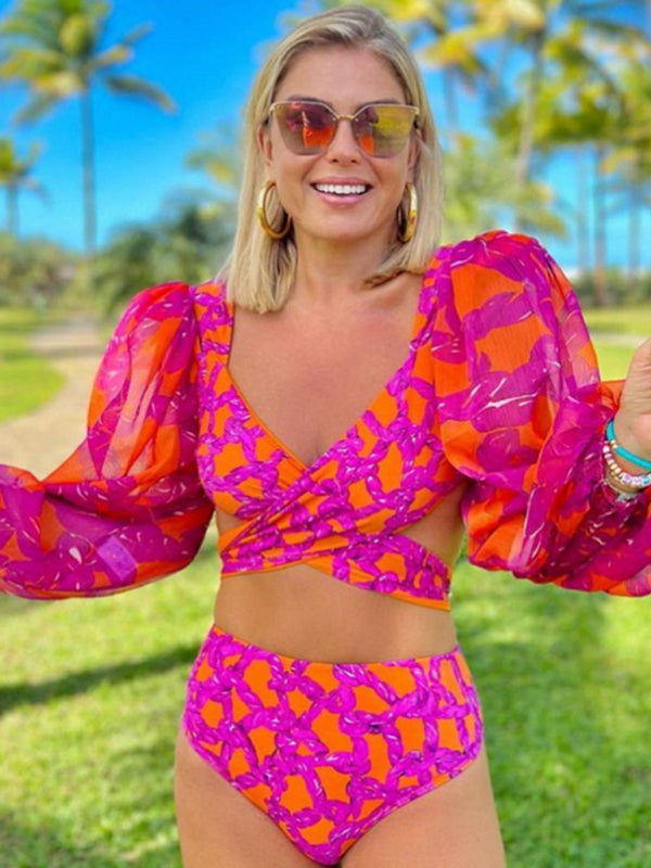 Vibrant printed long sleeve bikini set worn outdoors