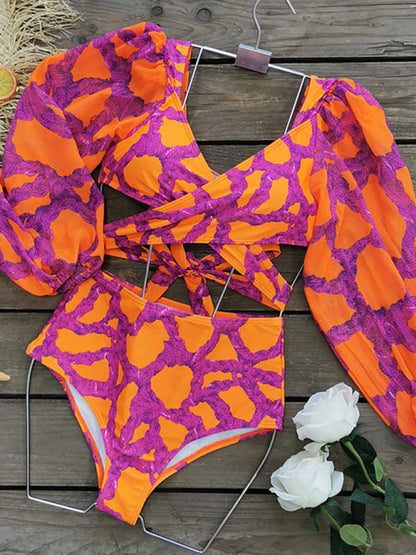 Colorful bikini set with long-sleeved top and high-waist bottoms