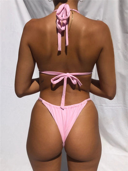 Pink halterneck bikini back view