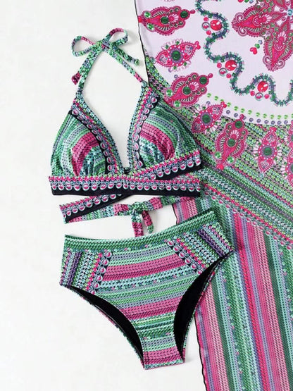 Green and pink bikini with shawl, digital print design