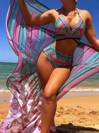 Green and pink bikini with matching shawl, beach style