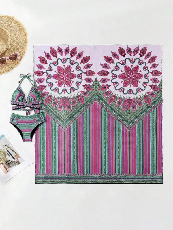 Green and pink bikini set with shawl, digital print