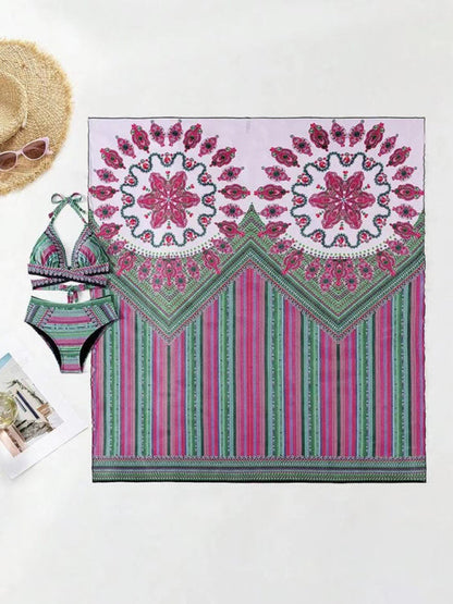 Green and pink bikini set with shawl, digital print