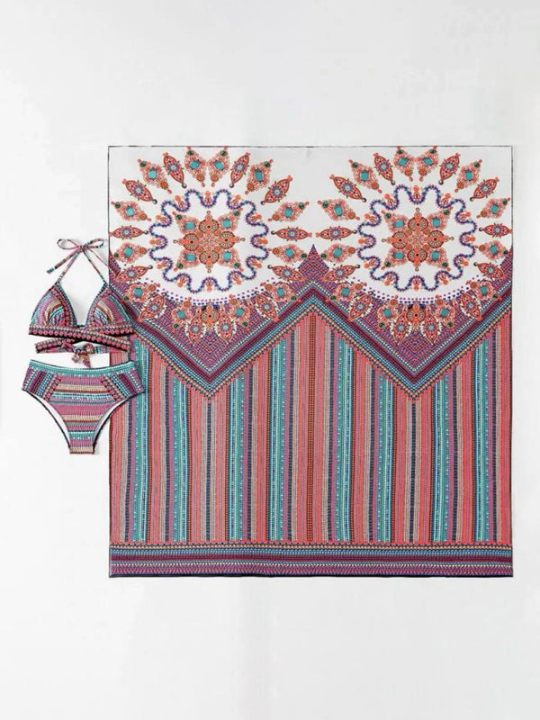 Blue digital printed bikini set with shawl laid out