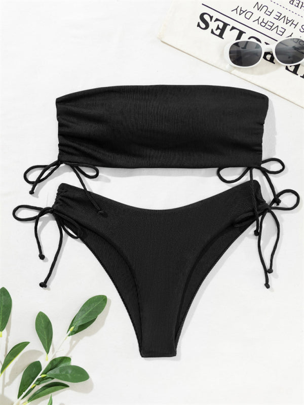 Black split bandeau strap bikini, sexy solid color swimsuit