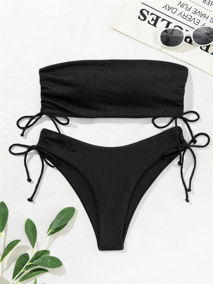 Black split bandeau strap bikini, sexy solid color swimsuit