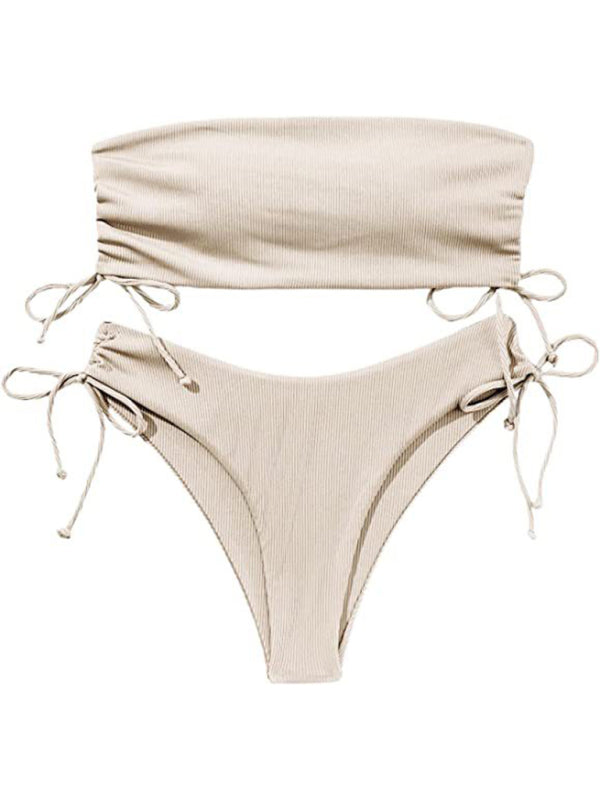 Beige split bandeau strap bikini, sexy solid color swimsuit