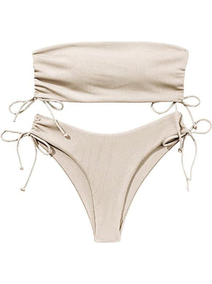 Beige split bandeau strap bikini, sexy solid color swimsuit