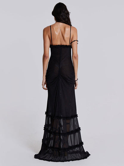 Back view of black lace slit dress