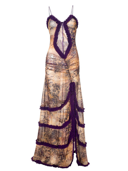 Front view of a lace slit dress with purple accents