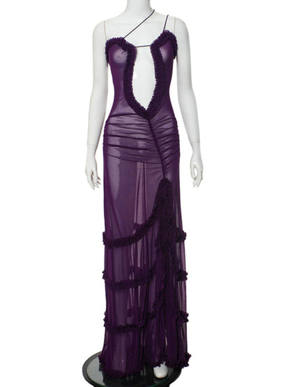 Front view of purple lace slit dress on mannequin