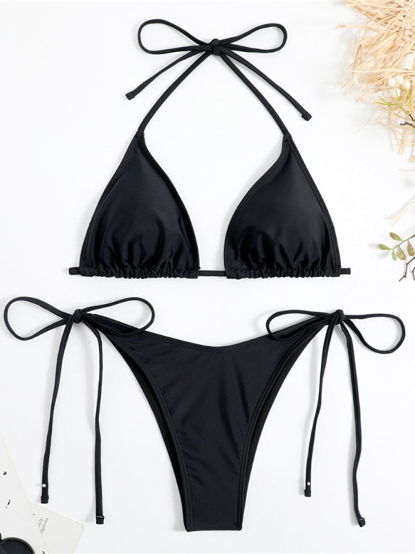 Bikini triangle sexy pour femme à bretelles fendues de couleur unie 