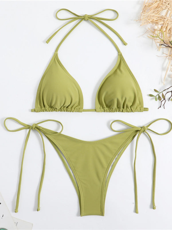 Bikini triangle sexy pour femme à bretelles fendues de couleur unie 