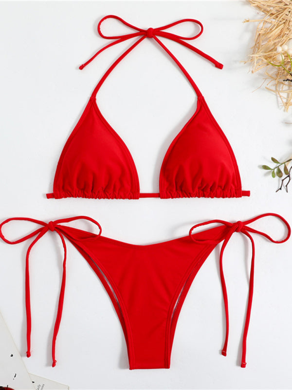 Bikini triangle sexy pour femme à bretelles fendues de couleur unie 