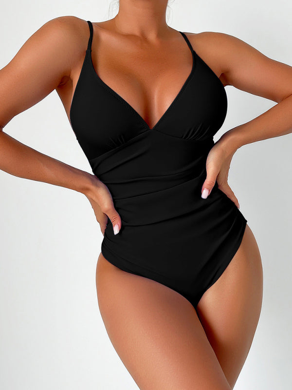 Black deep V one-piece swimsuit front view