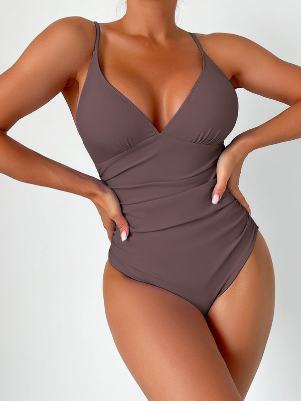 Brown deep V one-piece swimsuit front view