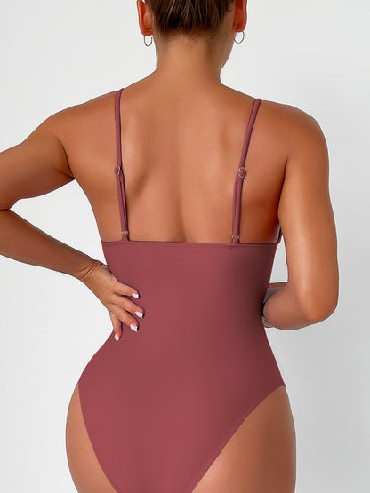Mauve deep V one-piece swimsuit back view