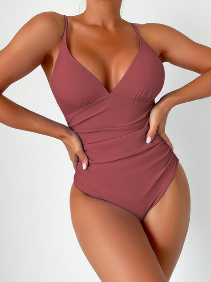 Mauve deep V one-piece swimsuit front view