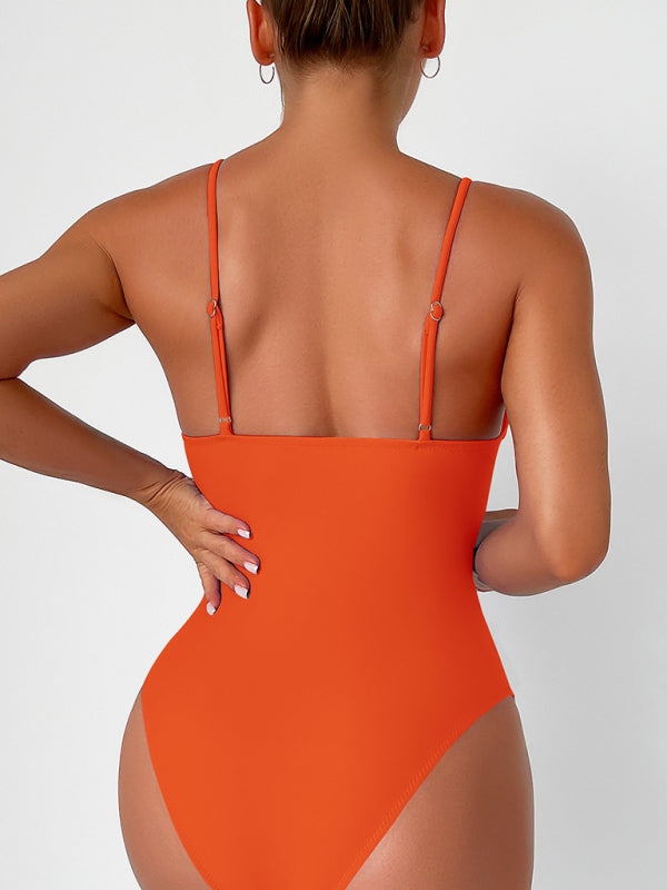 Orange deep V one-piece swimsuit back view
