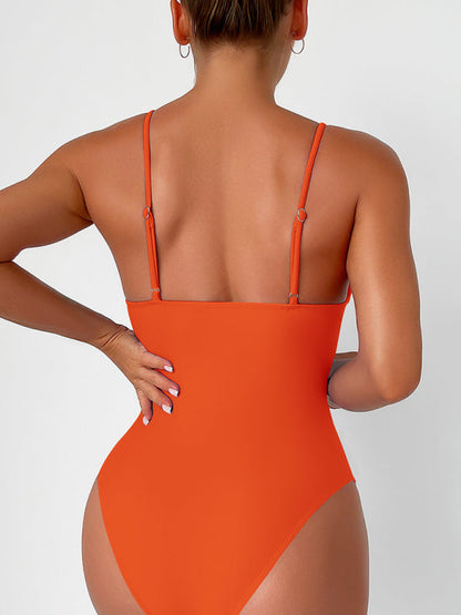 Orange deep V one-piece swimsuit back view
