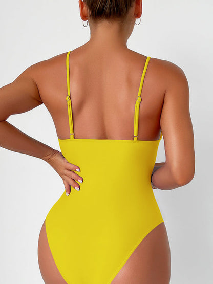 Yellow deep V one-piece swimsuit back view