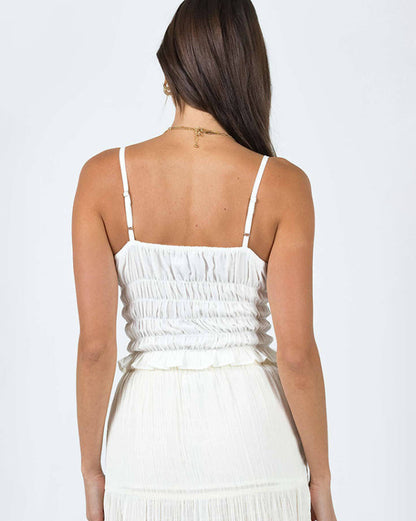 Back view of white ruched halter top