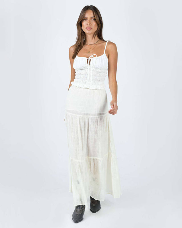 White ruched halter top with long skirt