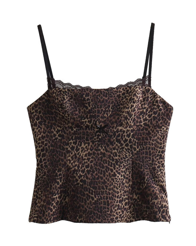 Leopard print satin camisole with lace trim