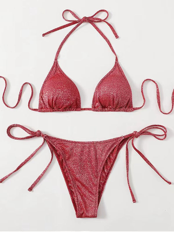 Red glittery split backless strappy bikini