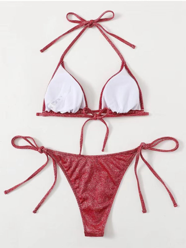 Red backless strappy bikini with white lining
