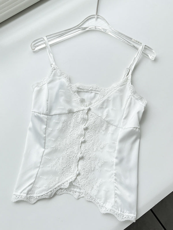White lace satin camisole on hanger