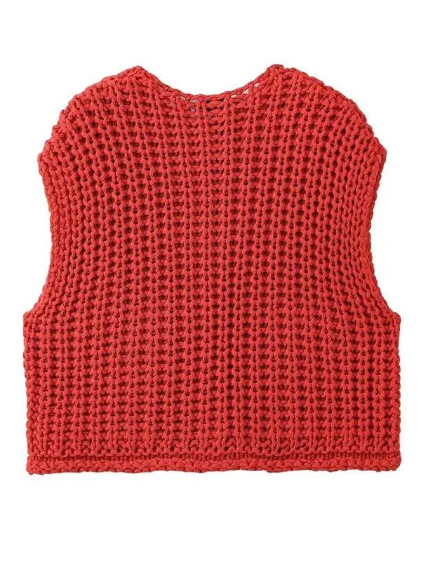 Back view of red thick knitted vest cardigan