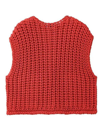 Back view of red thick knitted vest cardigan