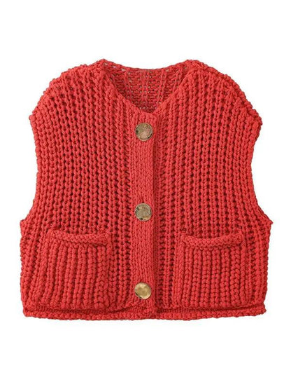 Front view of red thick knitted vest cardigan with buttons