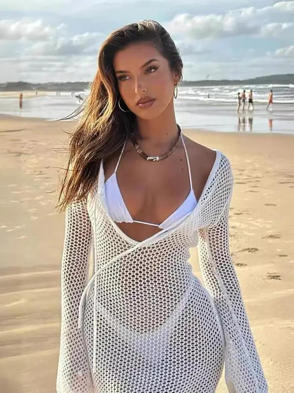 Robe de plage longue en tricot ajouré, Sexy, protection solaire, Perspective, vacances en bord de mer, nouvelle collection 