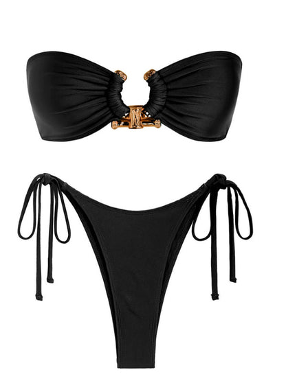 Black shiny fabric bikini set with split design