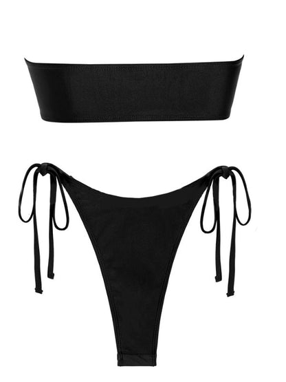 Black shiny fabric bikini set with split design