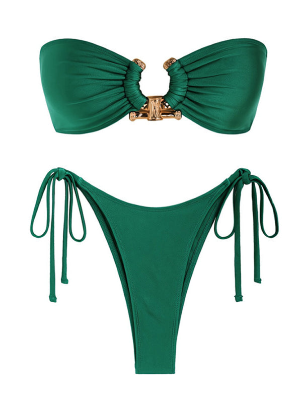 Green shiny fabric bikini set with split design
