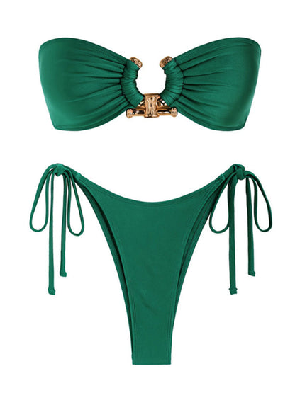 Green shiny fabric bikini set with split design