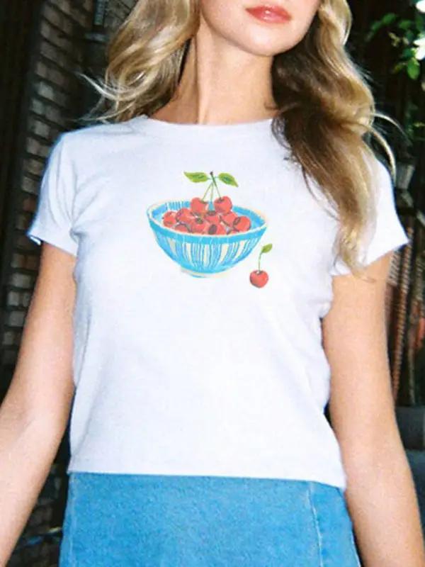White T-shirt with cherry bowl graphic, short-sleeved