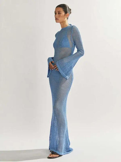 Blue knitted see-through maxi dress, side view